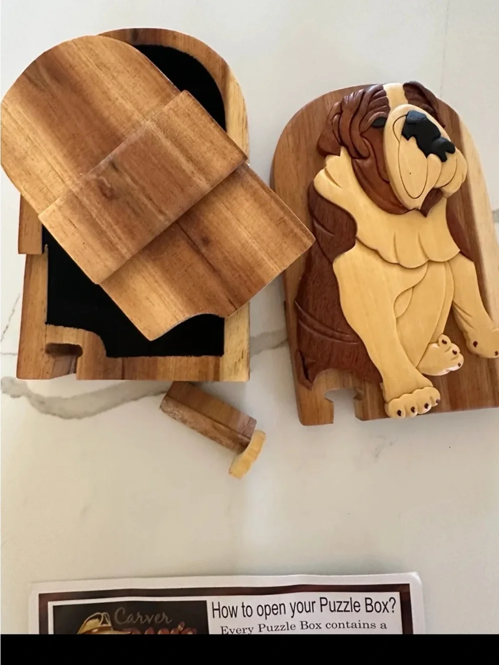 Handcrafted Wooden Dog Puzzle Box - Natural & Dark Wood